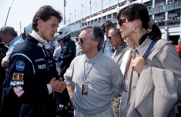Bernie Ecclestone con Michael Schumacher e la ex-moglie Slavica Radic nel 1991